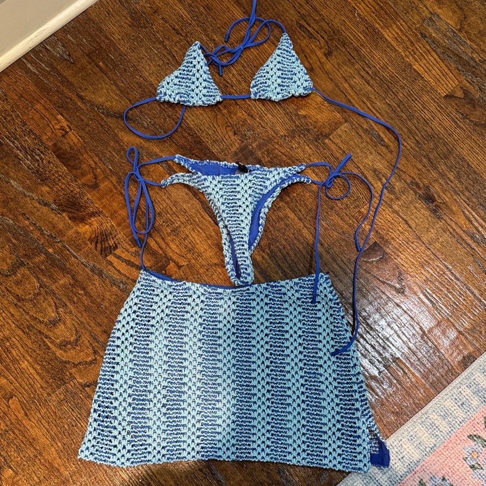 triangl swimwear Blue Crochet Bikini Set with Swim Skirt/Sarong